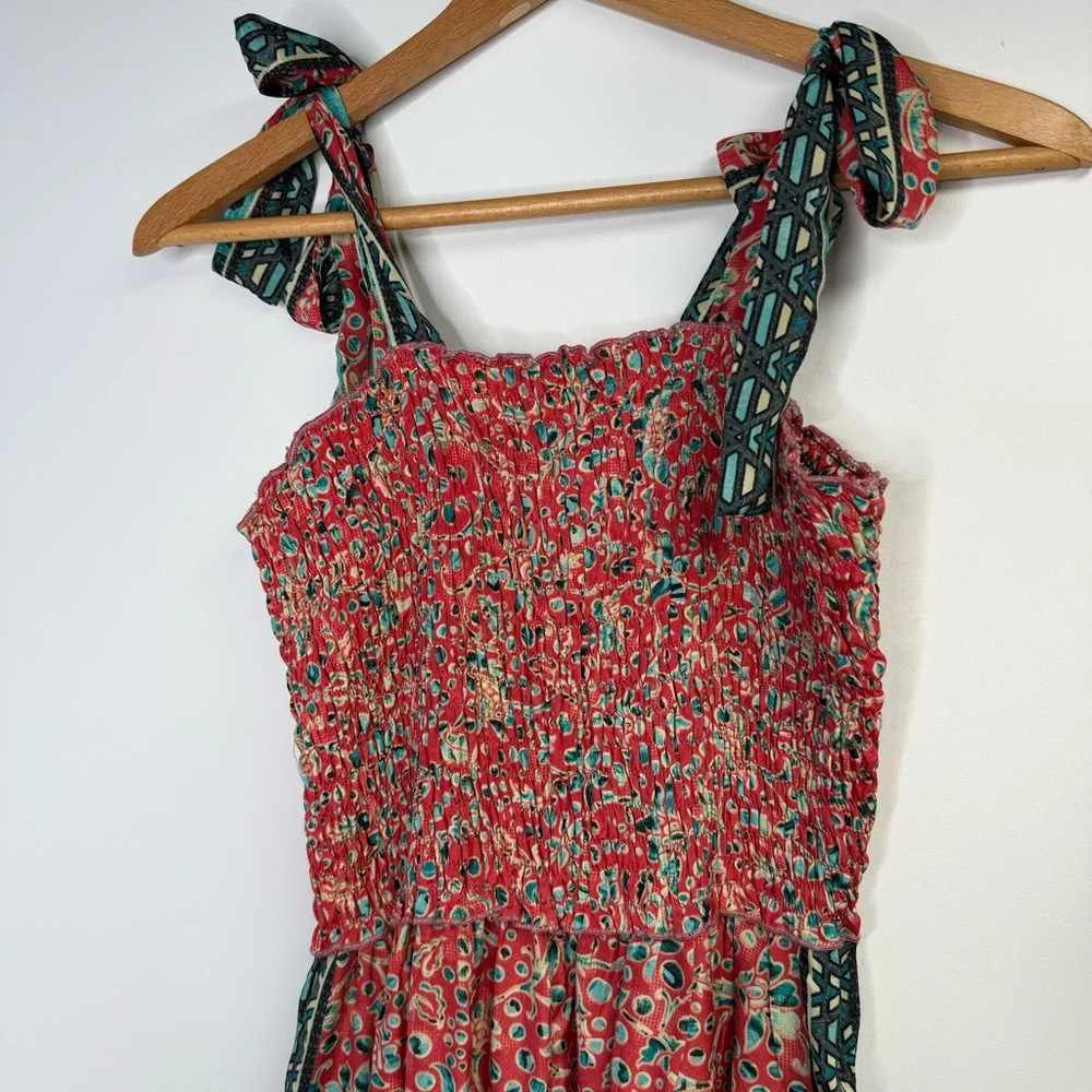 Karma Highway Smocked‎ Bust Tie Strap Jumpsuit Red Teal Print One Size